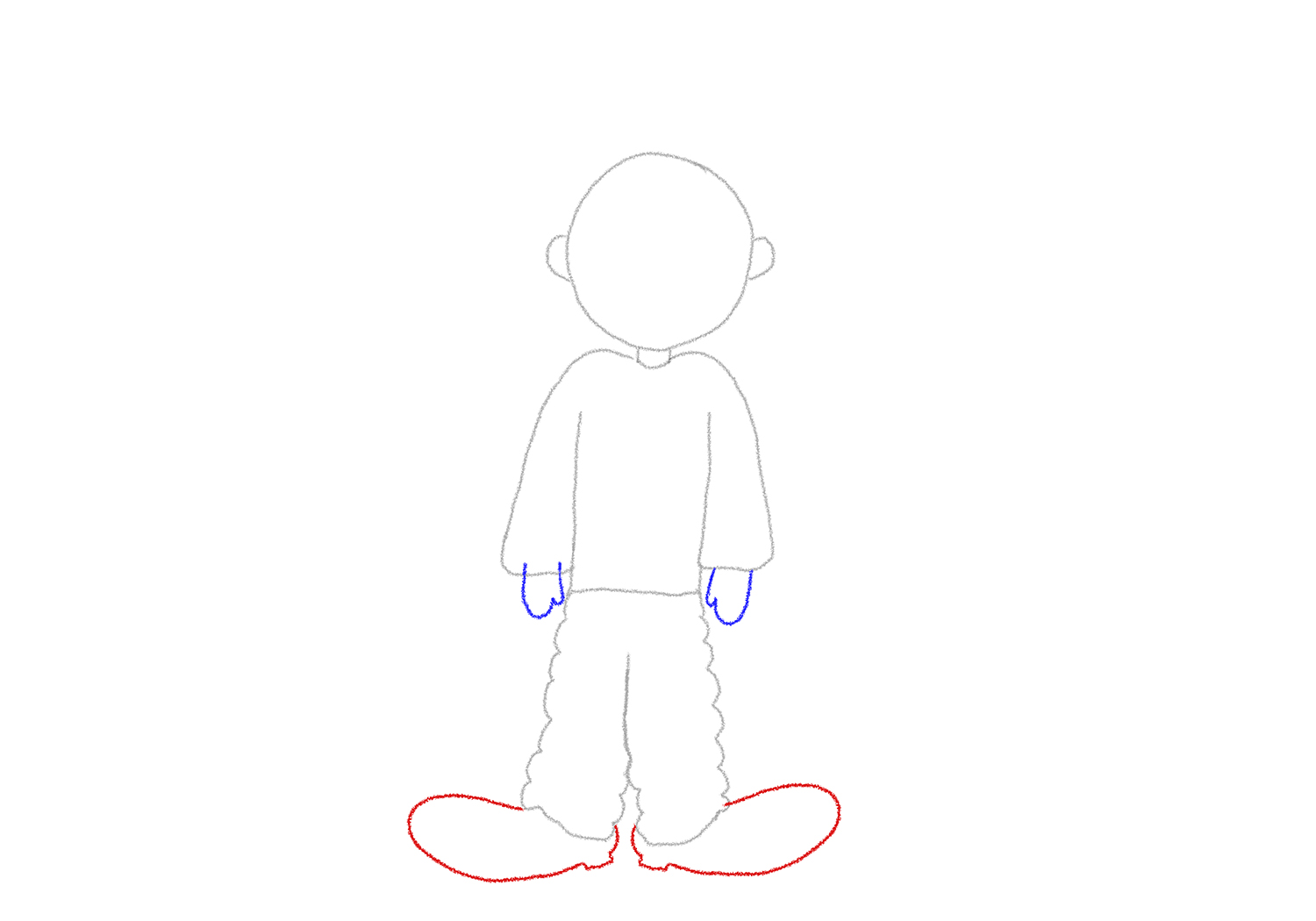 Sketch the clown hands and feet