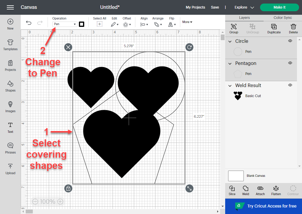 Select the covering shapes and change the Operation to Pen in Cricut Design Space