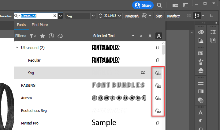 Shows what the SVG font icon looks like in Illustrator