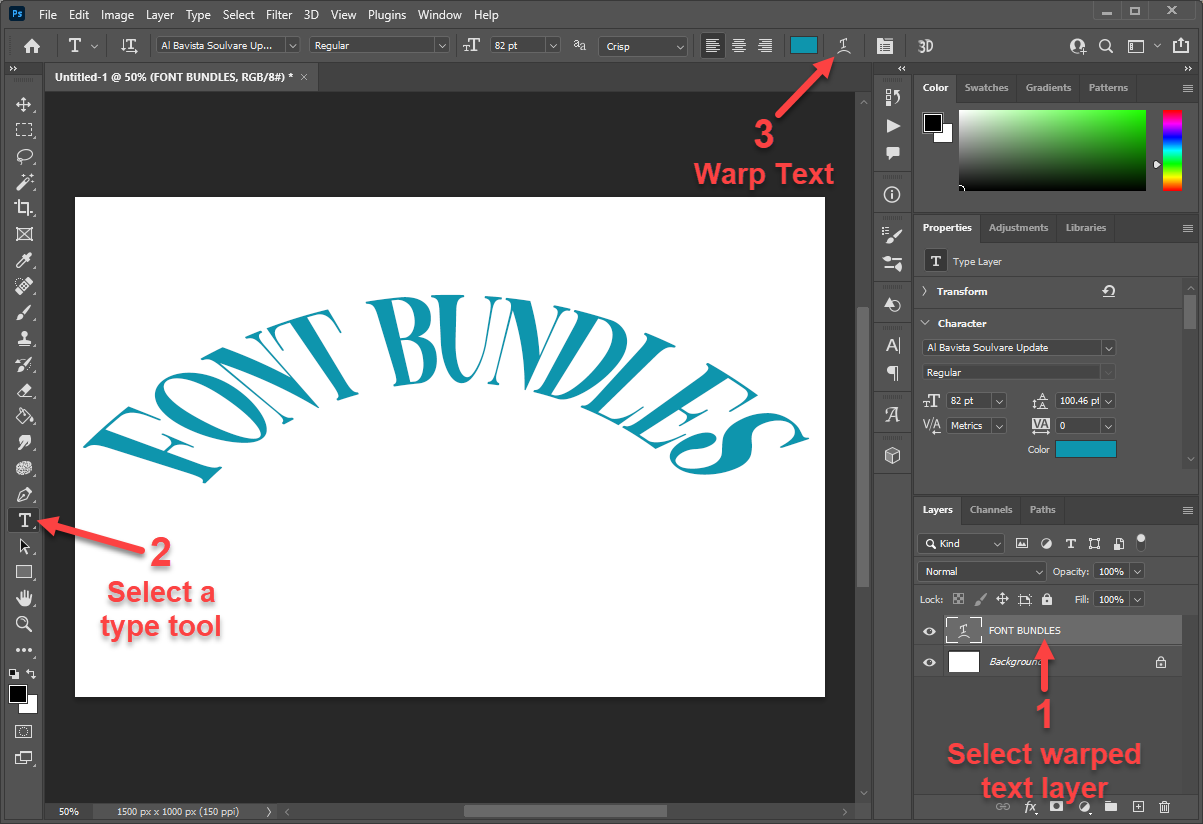 Shows how to open the Warp Text dialog again to modify/remove the text warping effect in Photoshop